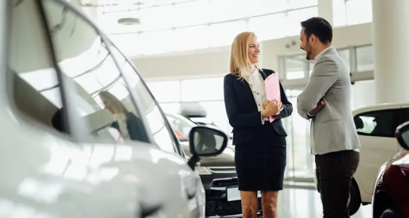 Salesperson showing a car to customers at a dealership