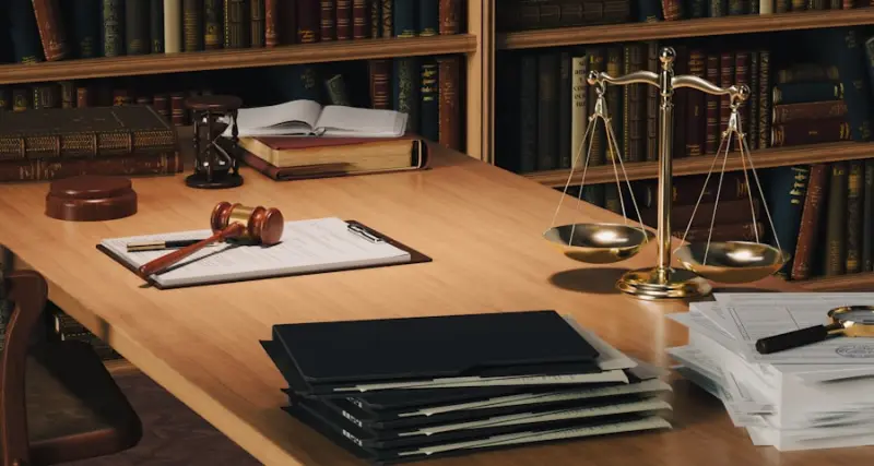 Gavel, scales of justice and law books on a desk