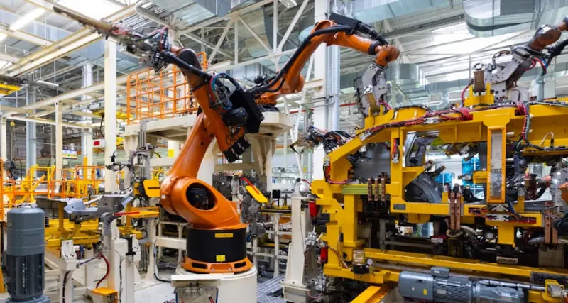 Robotic welding arms on an assembly line